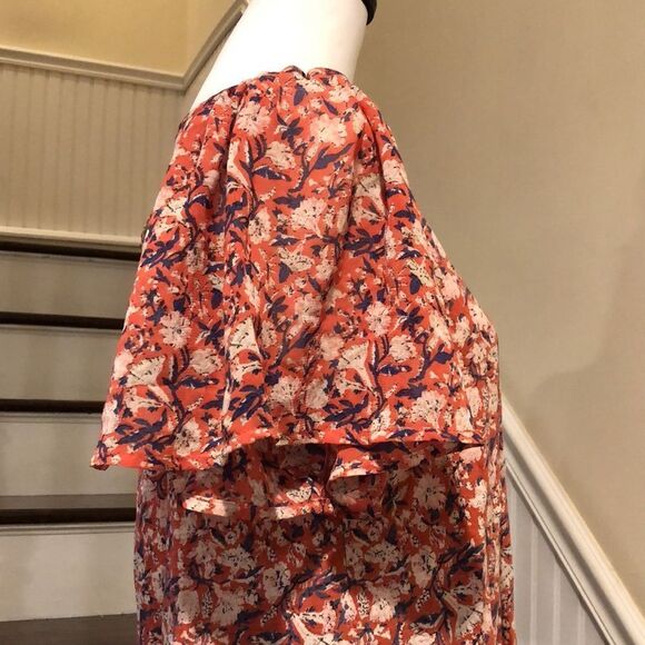 LUCKY BRAND Flutter Sleeve Rust, Navy, Ivory Floral Shirt With Floral Hem Sz SM - Picture 8 of 13